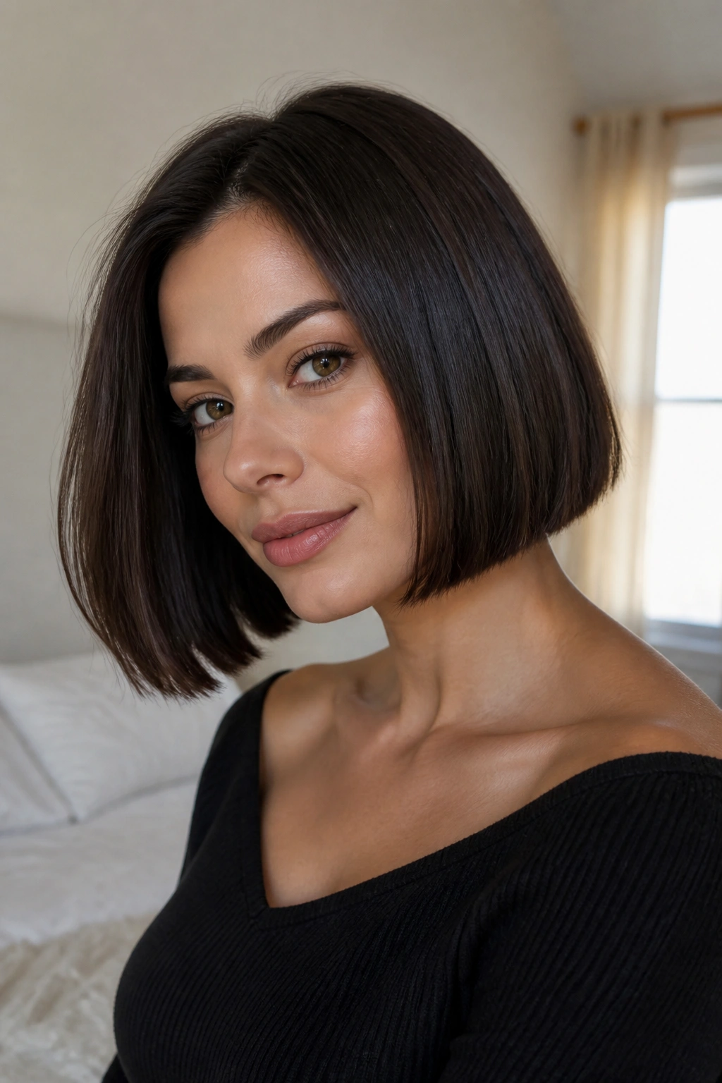 Close-up of a real woman with a chin-length blunt bob highlighting a sharp jawline
