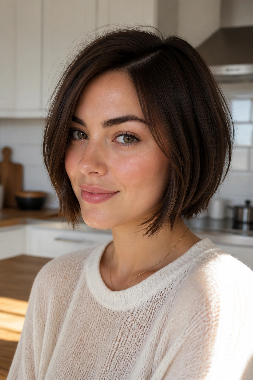 Portrait of a real woman with a chin-length blunt bob and subtle bend.