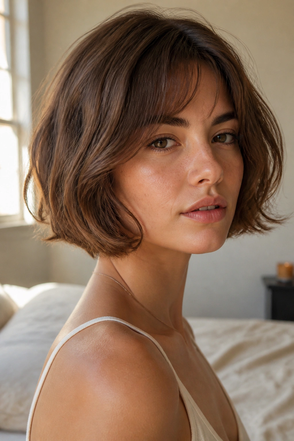 Close-up of a real woman with a chin-length French bob and airy ends in warm window light