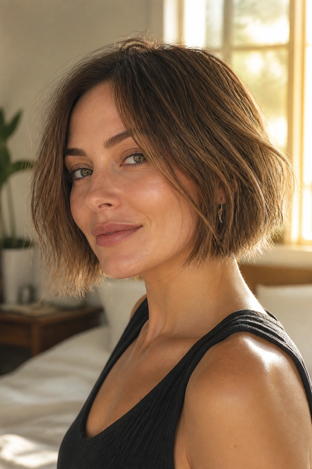 Close-up portrait of a real woman with chin-length choppy bob and airy ends in warm window light