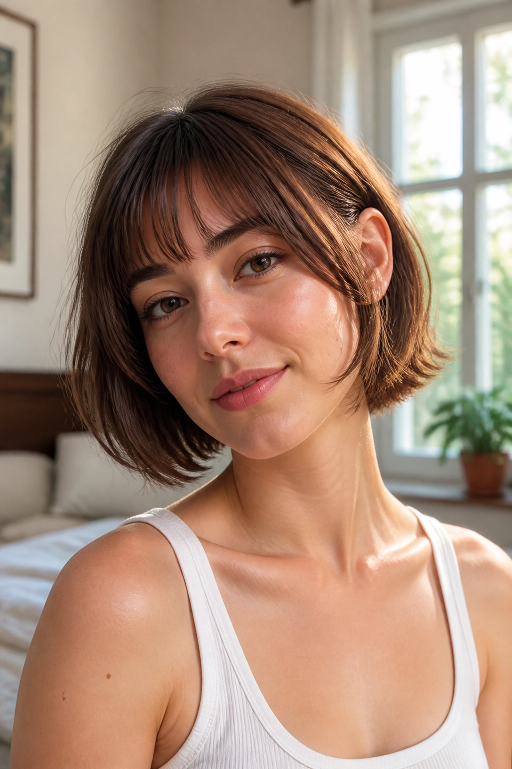Close-up portrait of a real woman with a chin-length French bob and airy ends, warm window light.