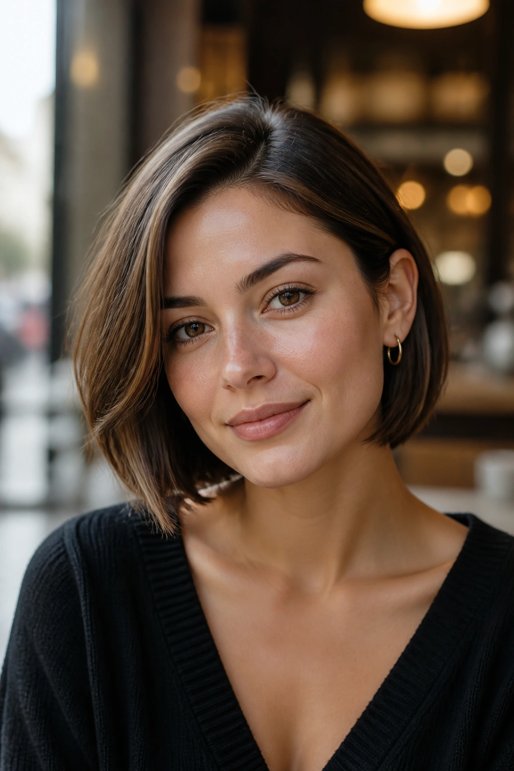 Real woman in a chin-length bob with airy side part in a close-up.