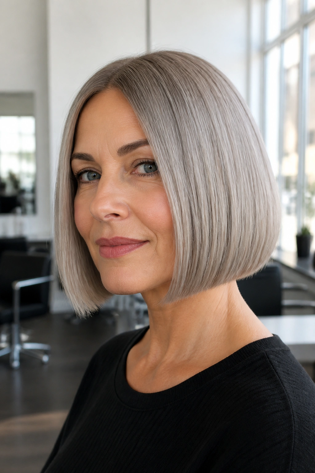 Close-up of real woman with chin-length ash-silver blunt bob