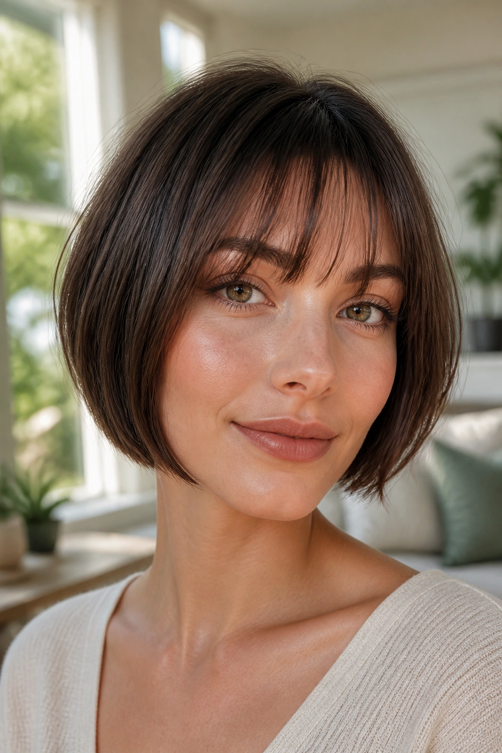 Close-up portrait of a real woman with Chin-Length Bob and airy bangs