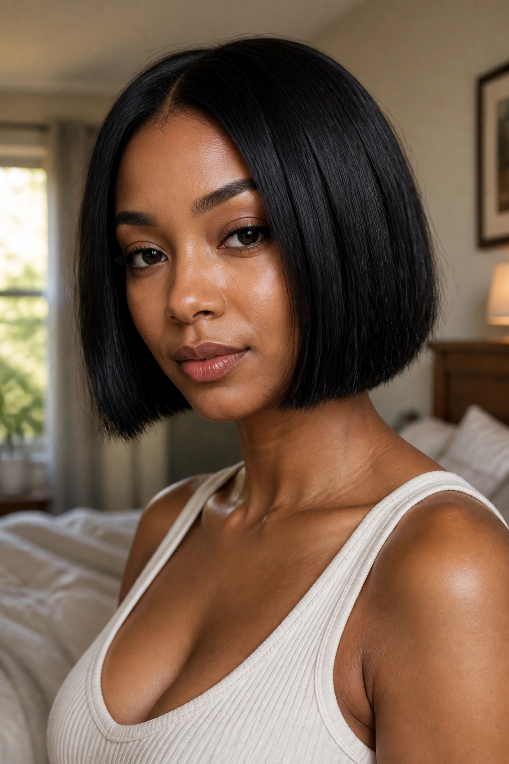 Close-up of a real woman with a blunt chin-length bob