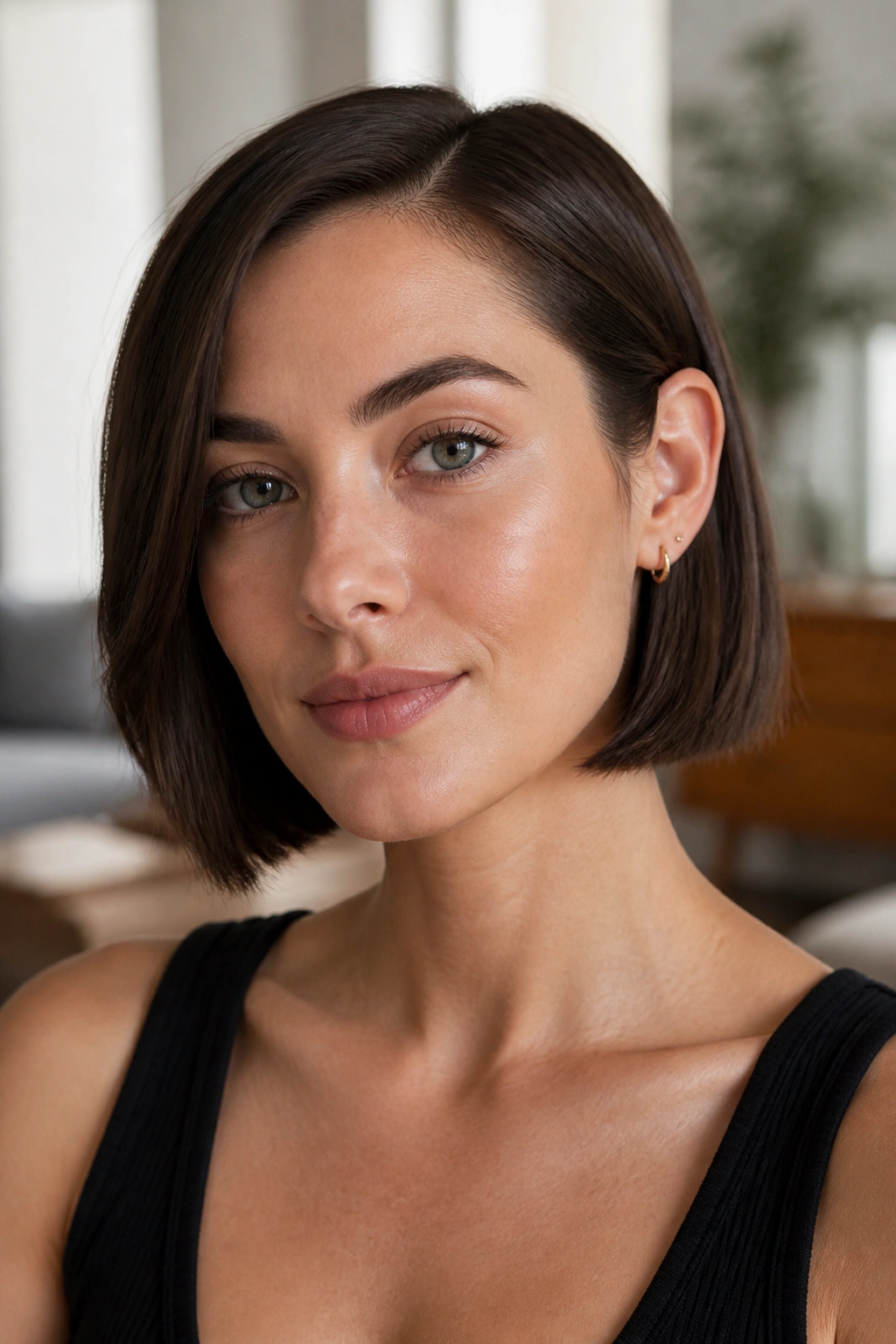 Close-up of a real woman wearing a chin-length blunt bob that frames the jaw.