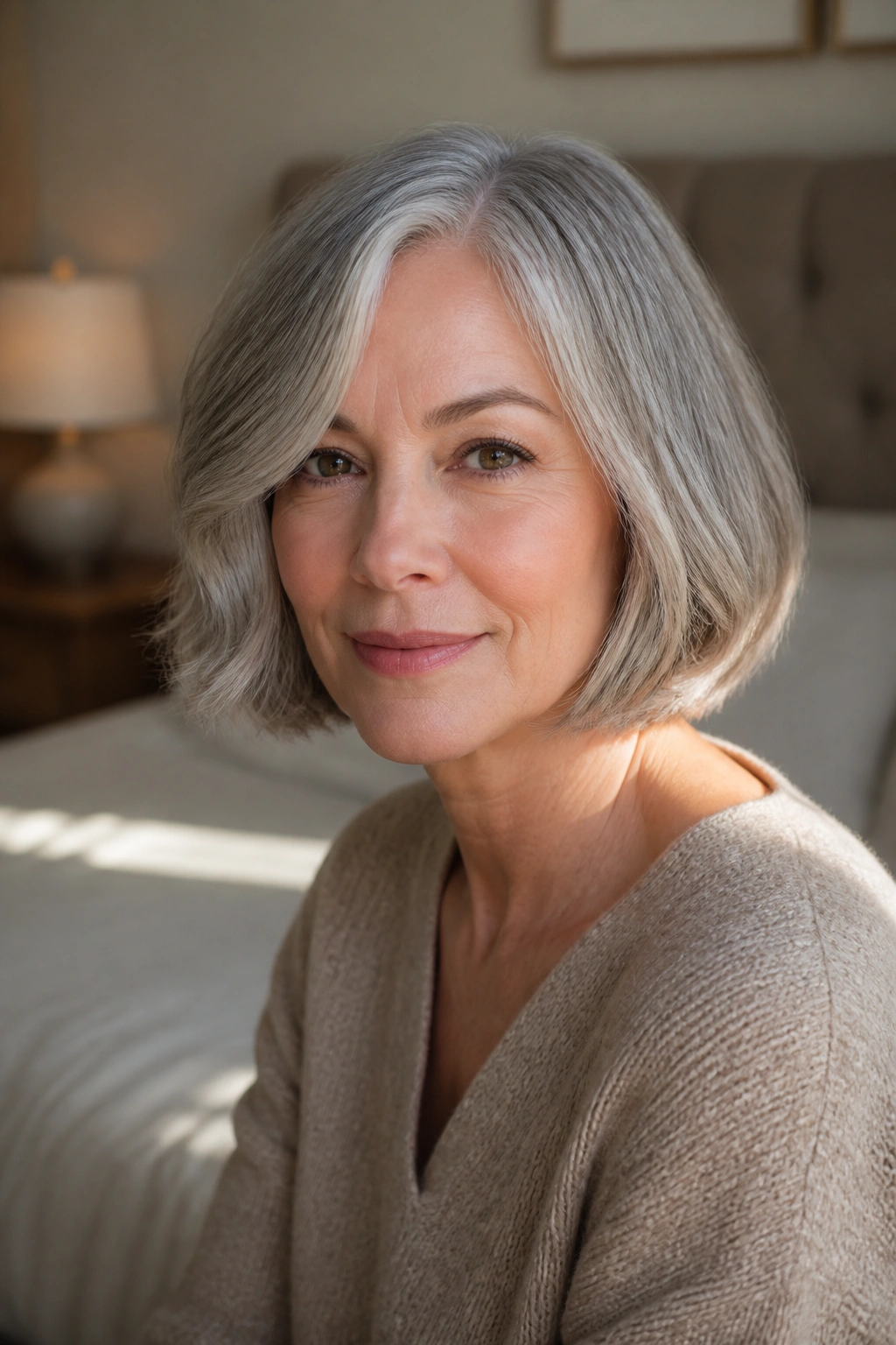 Close-up portrait of a real woman with a chin-length blunt bob in warm window light.