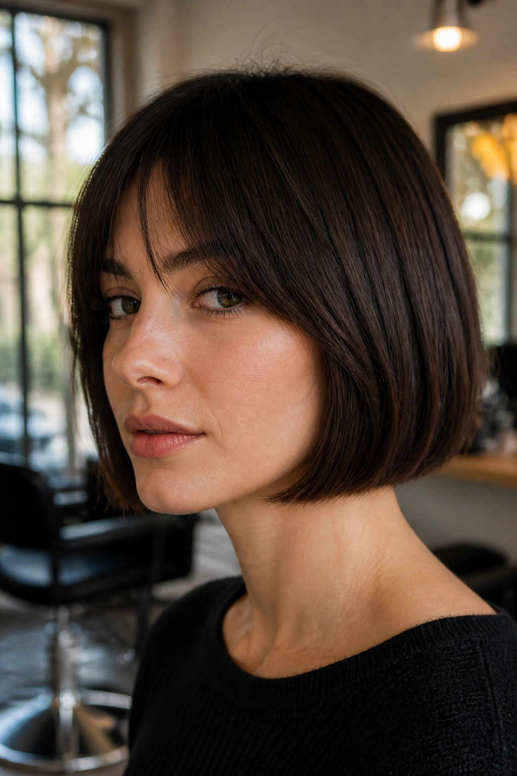 Close-up portrait of a real woman with a crisp chin-length blunt French bob on straight hair in a warm salon