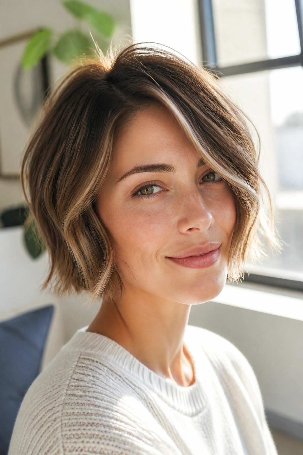 Close-up portrait of a real woman with a chin-length choppy bob with soft ends.