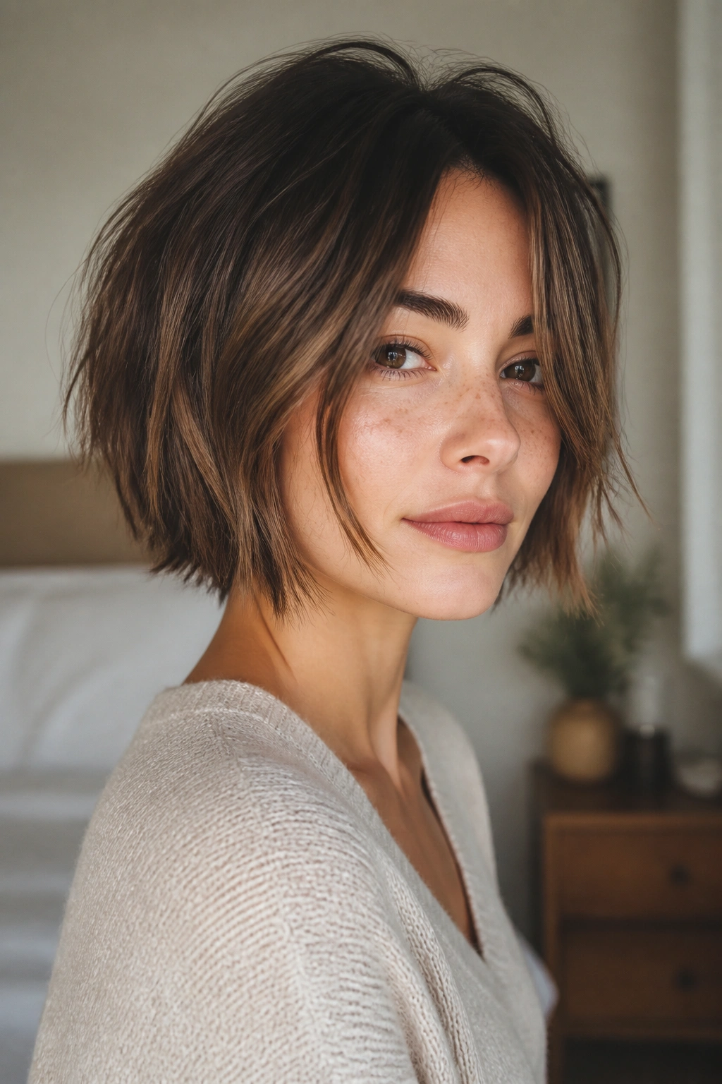 Close-up of a real woman with a chin-length choppy bob, jawline framing texture.
