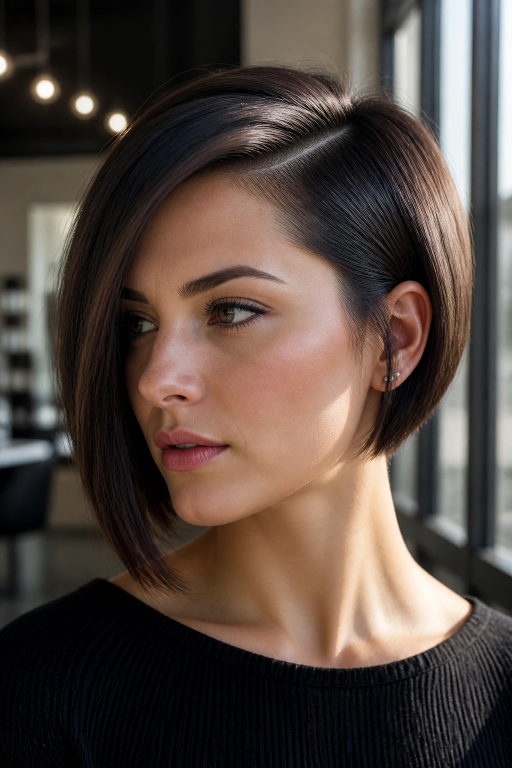 Real woman with chin-length asymmetrical bob and deep side part in warm salon light