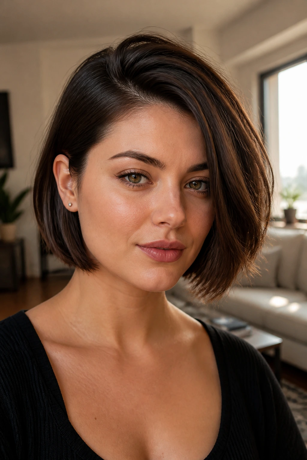 Close-up of a real woman with chin-length bob and deep side part, warm window light