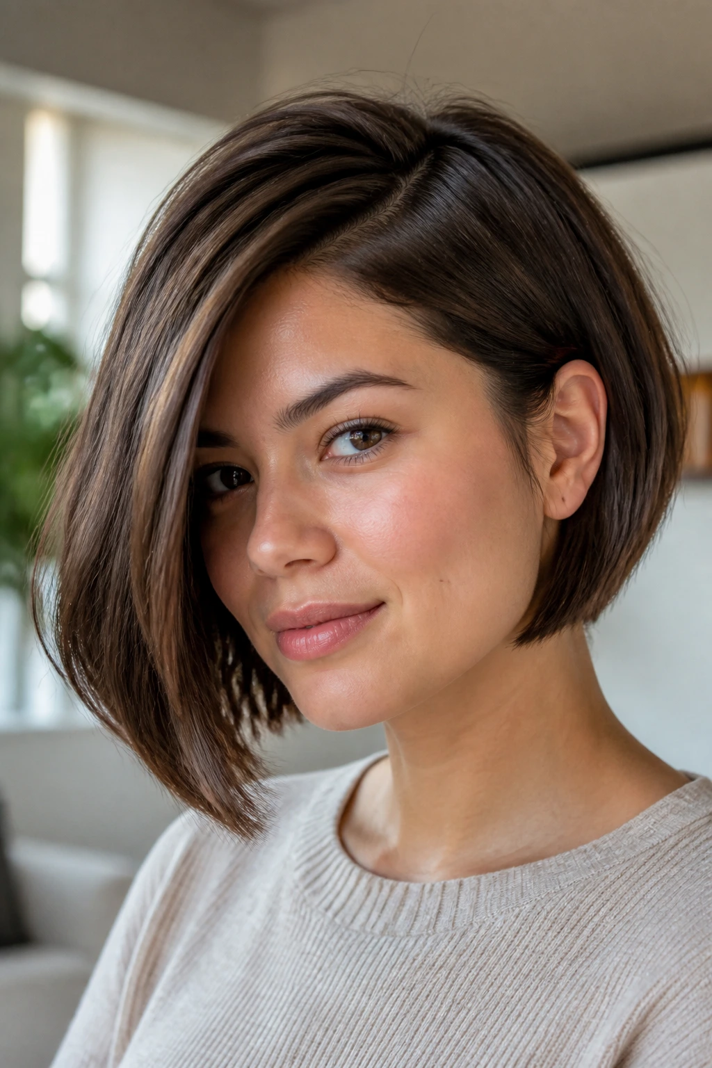 Close-up of a real woman with a chin-length bob and deep side part