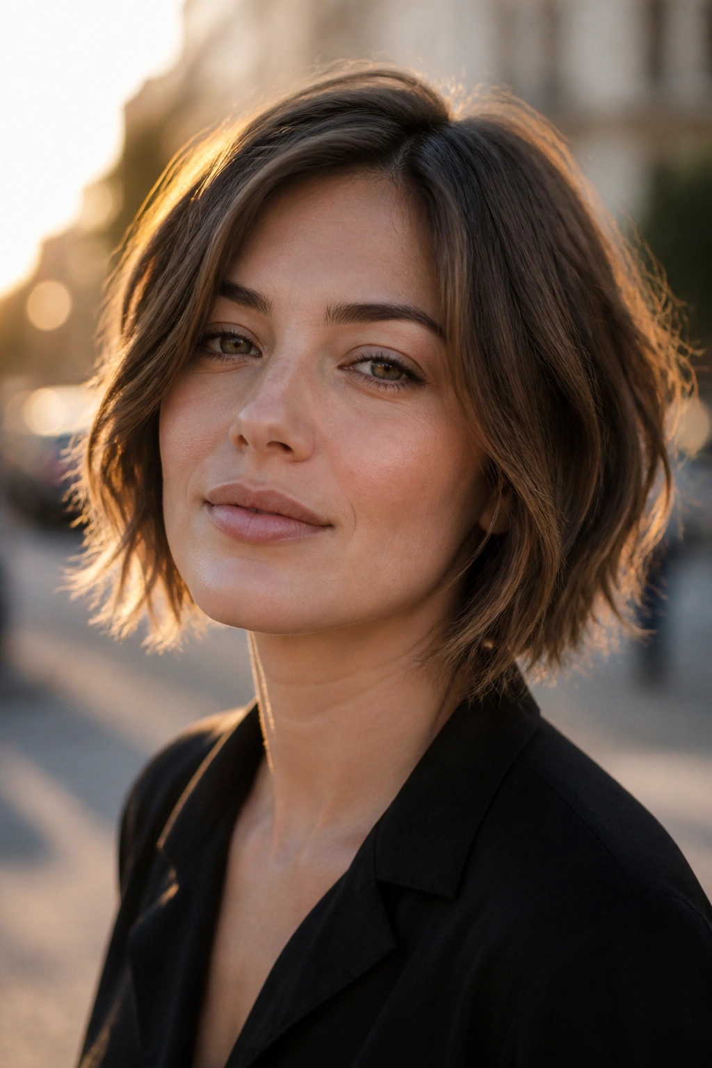 Close-up of a woman with a chin-length bob with broken ends on a city street at golden hour.
