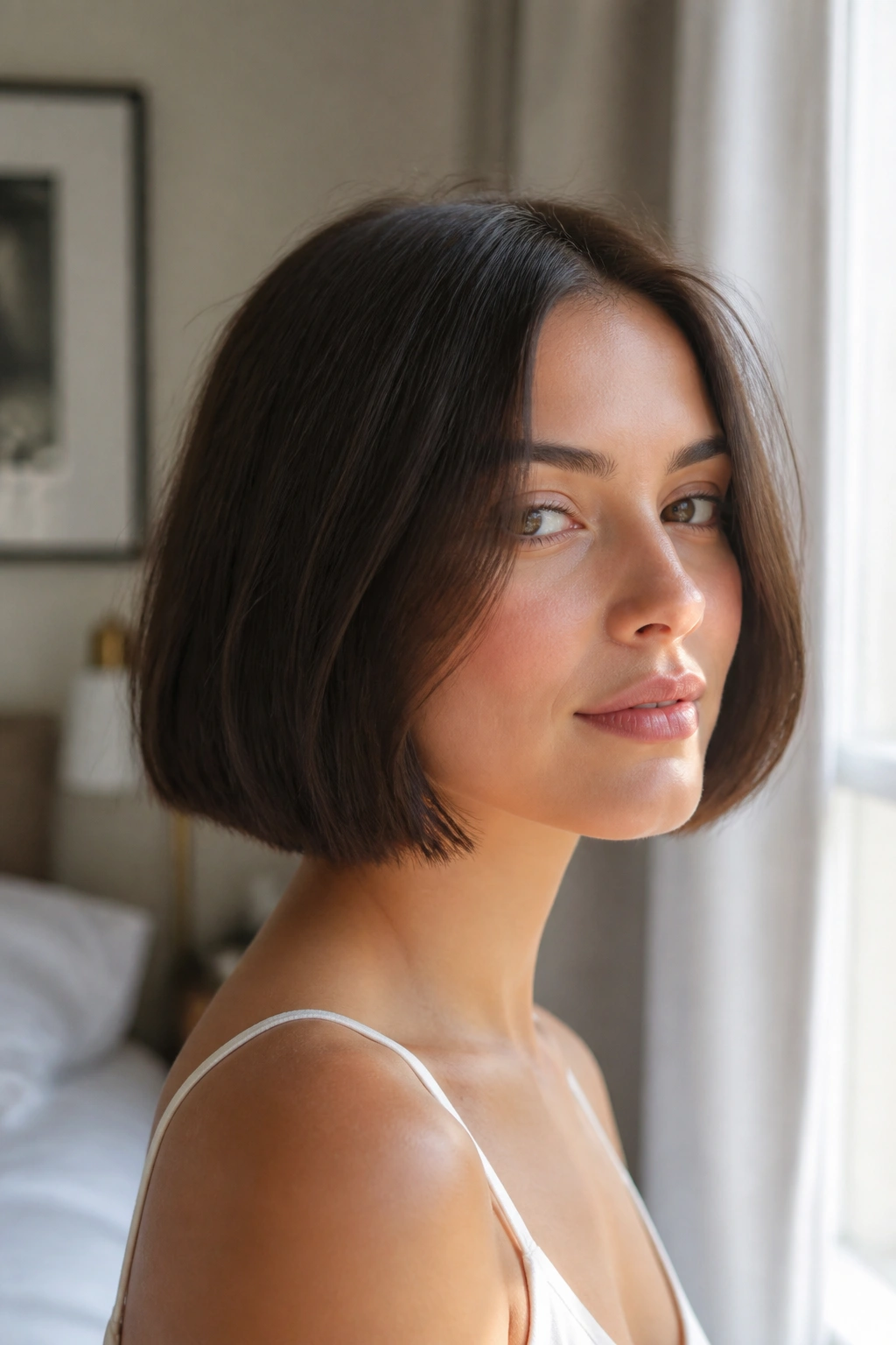 Real woman with chin-length bob and clean ends, jawline framed by hair.