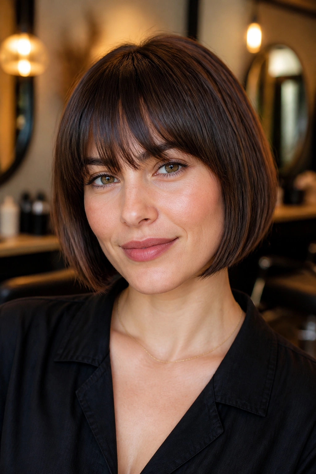 Portrait of a woman with a chin-length bob and eyebrow-grazing fringe.