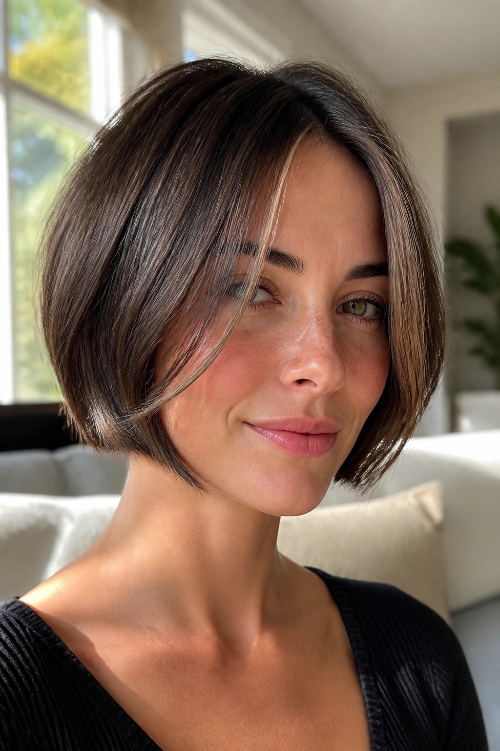 Close-up of a real woman with chin-length bob and face-framing pieces in a sunlit living room.