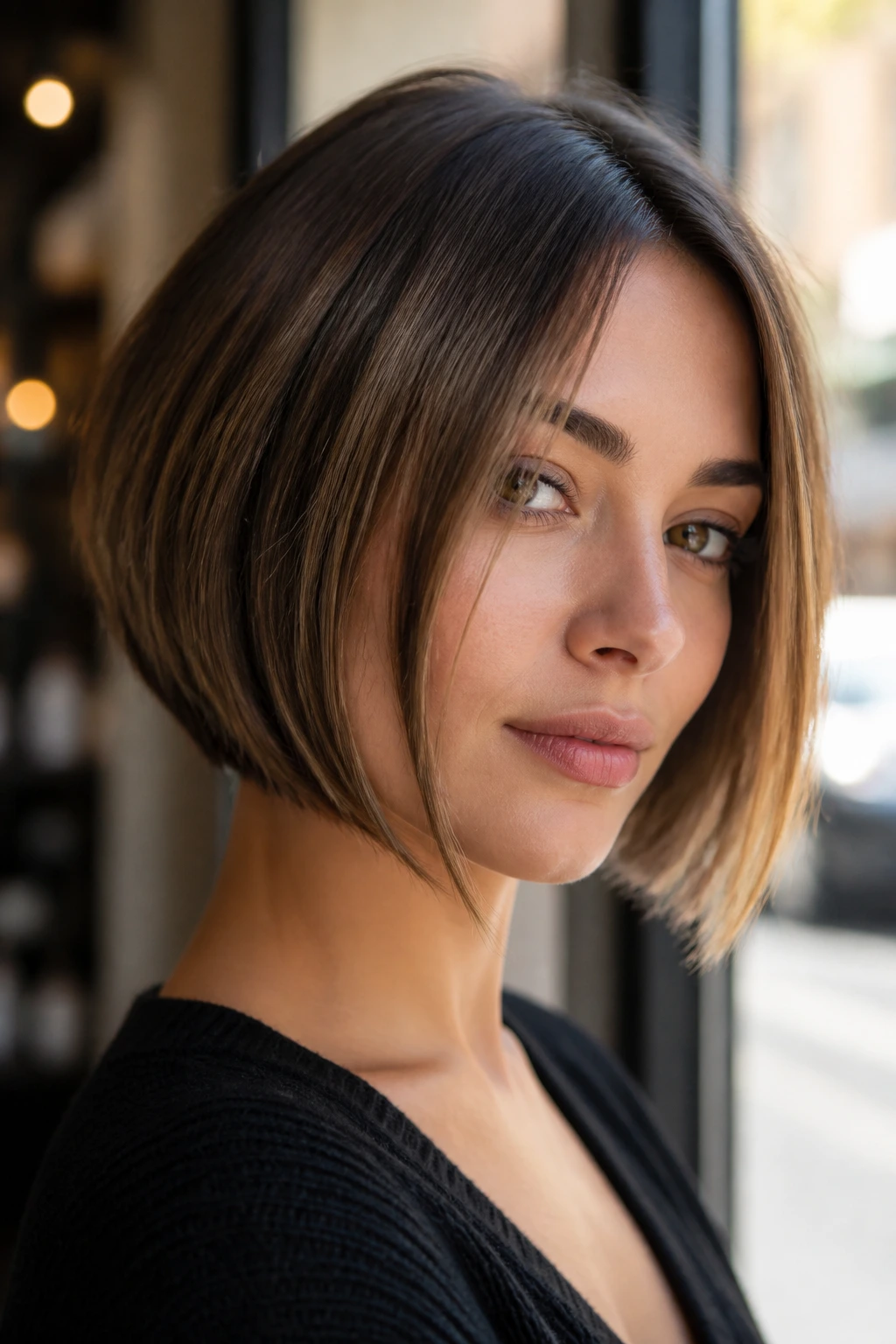 Close-up portrait of a real woman with chin-length bob and delicate face-framing pieces