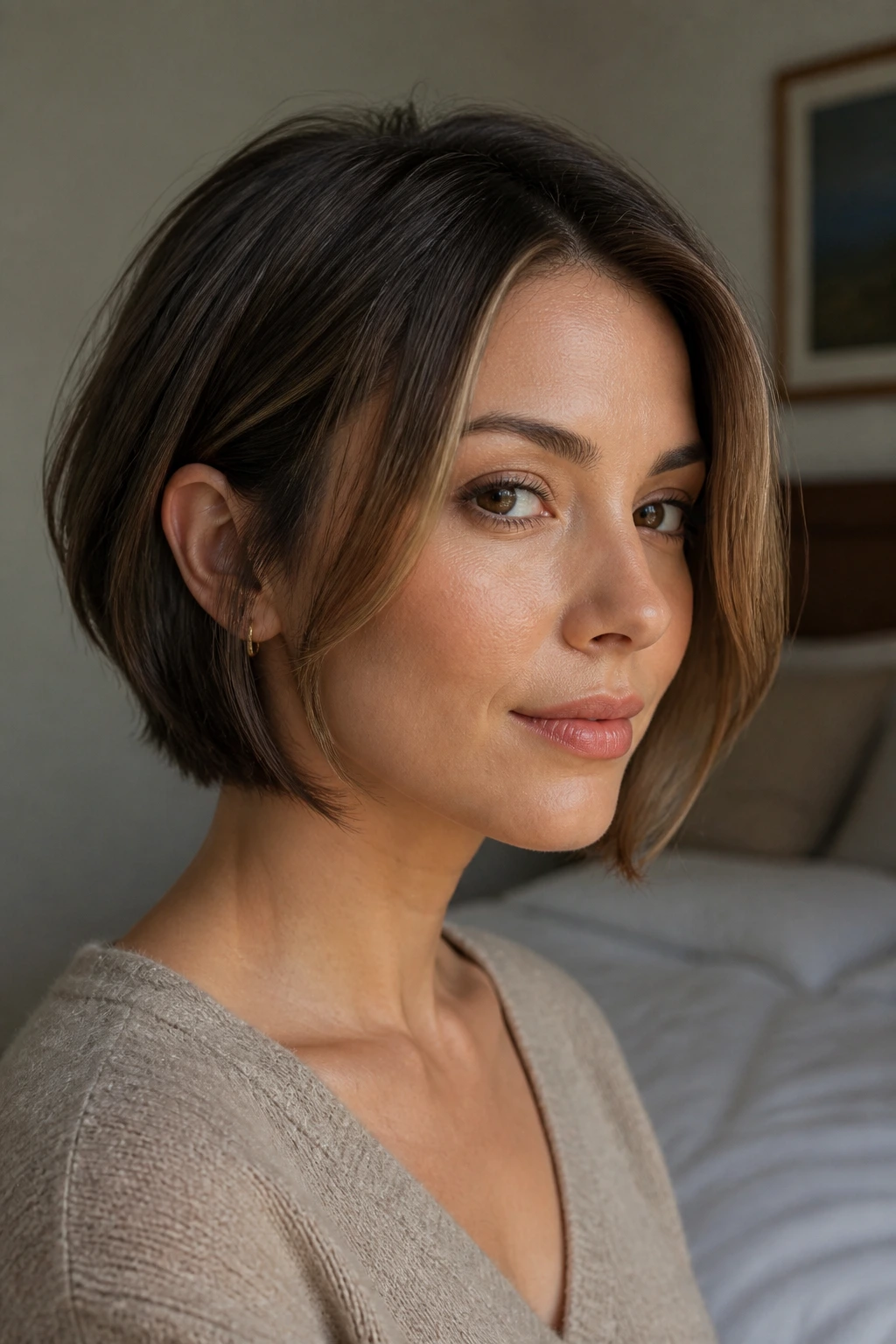 Close-up of a real woman with a chin-length bob and face-framing layers.