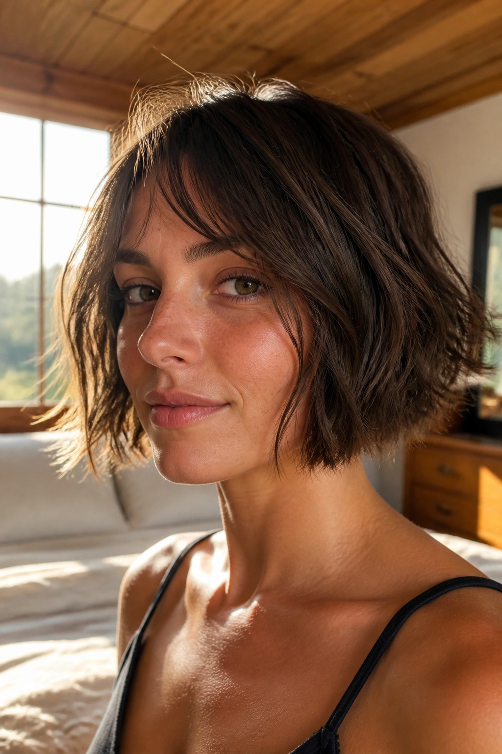 Close-up portrait of a real woman with chin-length choppy bob for fine hair showing soft irregular ends