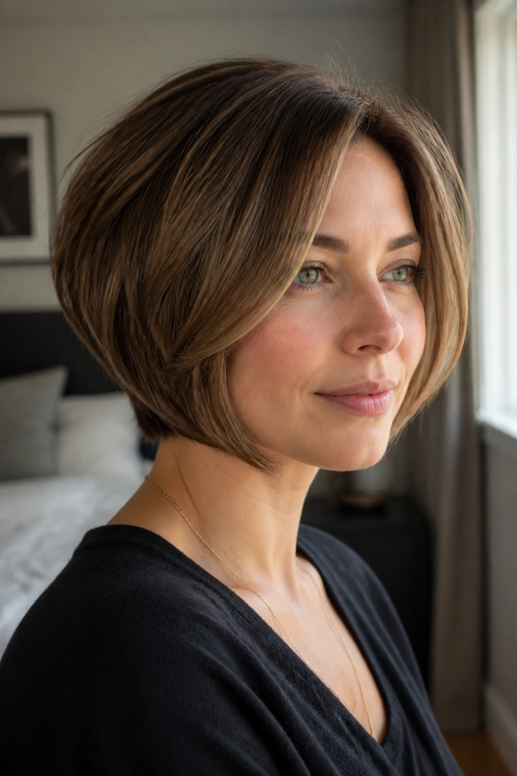 Close-up portrait of a real woman with chin-length graduated bob in a sunlit bedroom