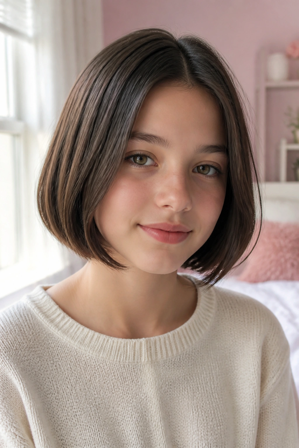 Close-up portrait of a girl with a chin-length bob at the jawline in natural light
