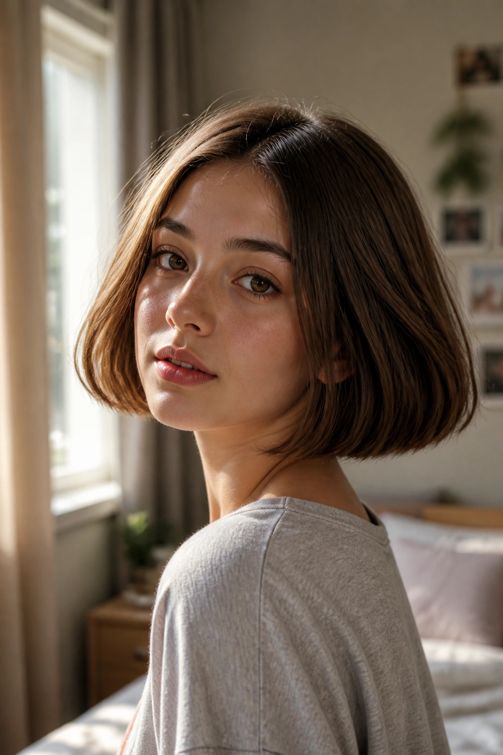 Close-up of a girl with a classic chin-length bob framing the jaw