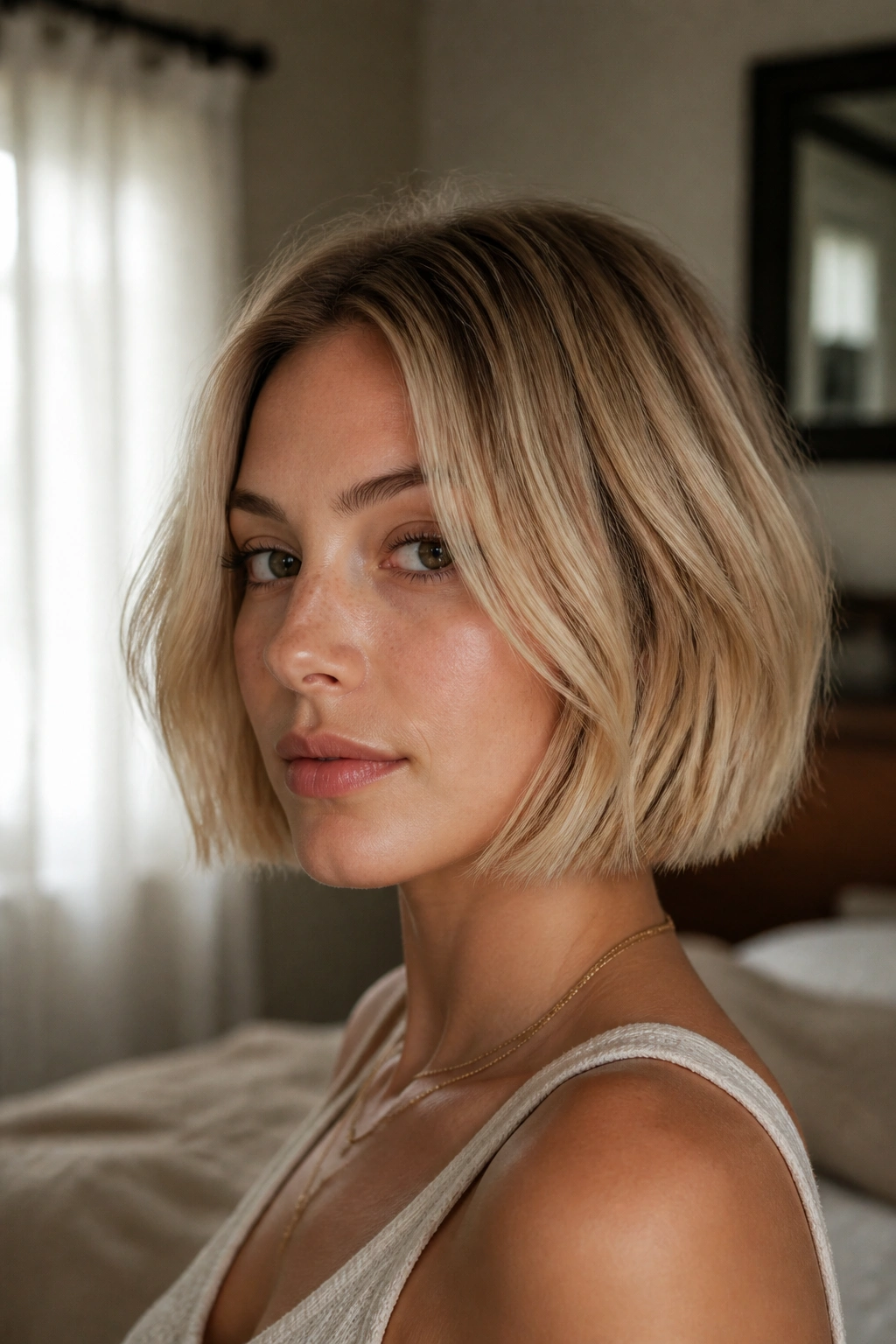Close-up of real woman with chin-length honey-blonde bob and soft ends