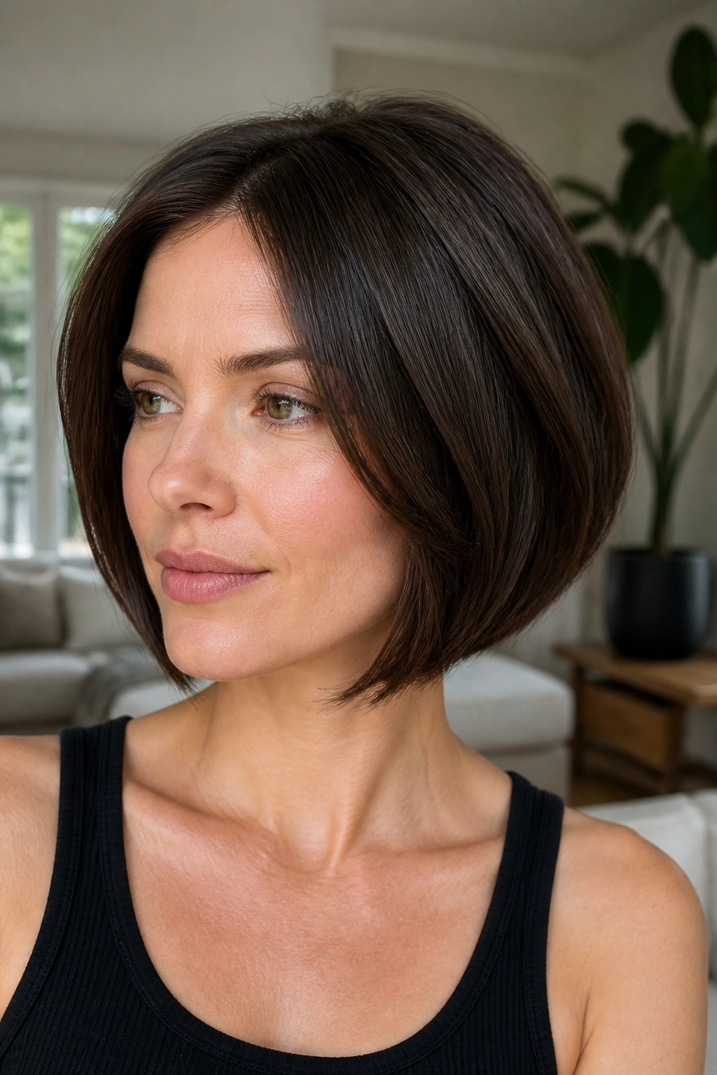 Real woman chin-length bob with internal layers