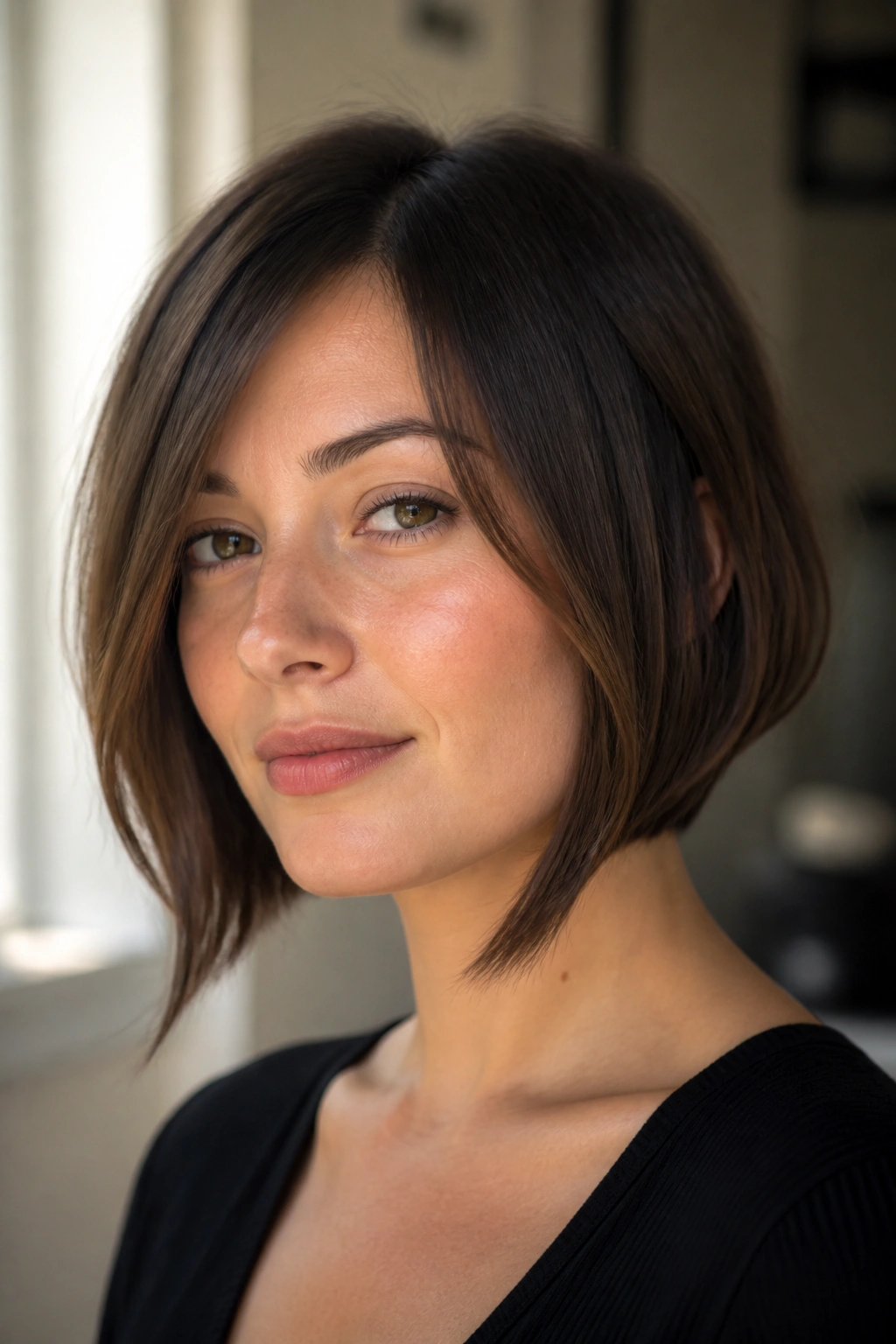 Close-up portrait of a real woman with a chin-length bob and longer front pieces that frame the face