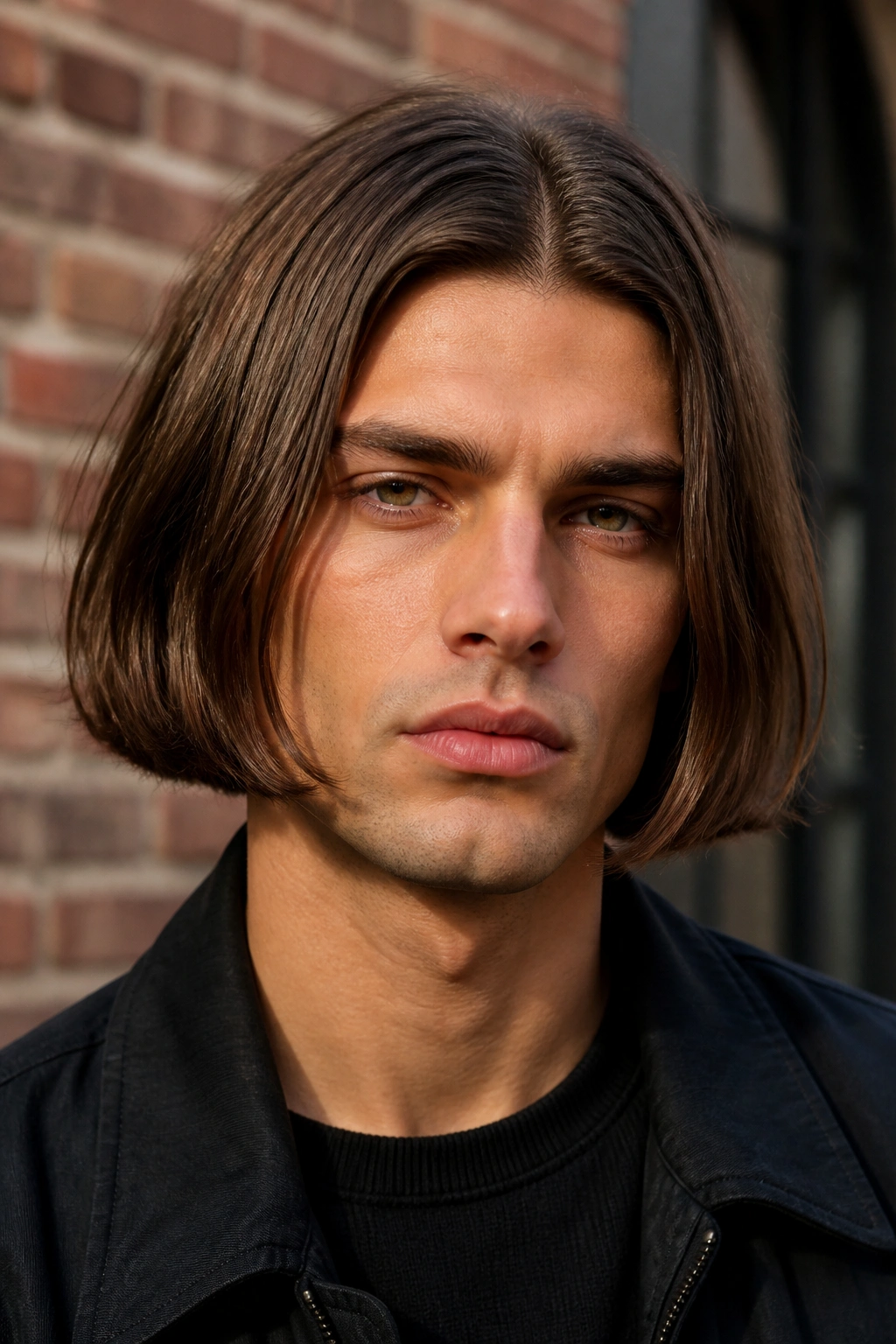 Real man with a chin-length bob portrait in daylight, jaw-length line framing the face.