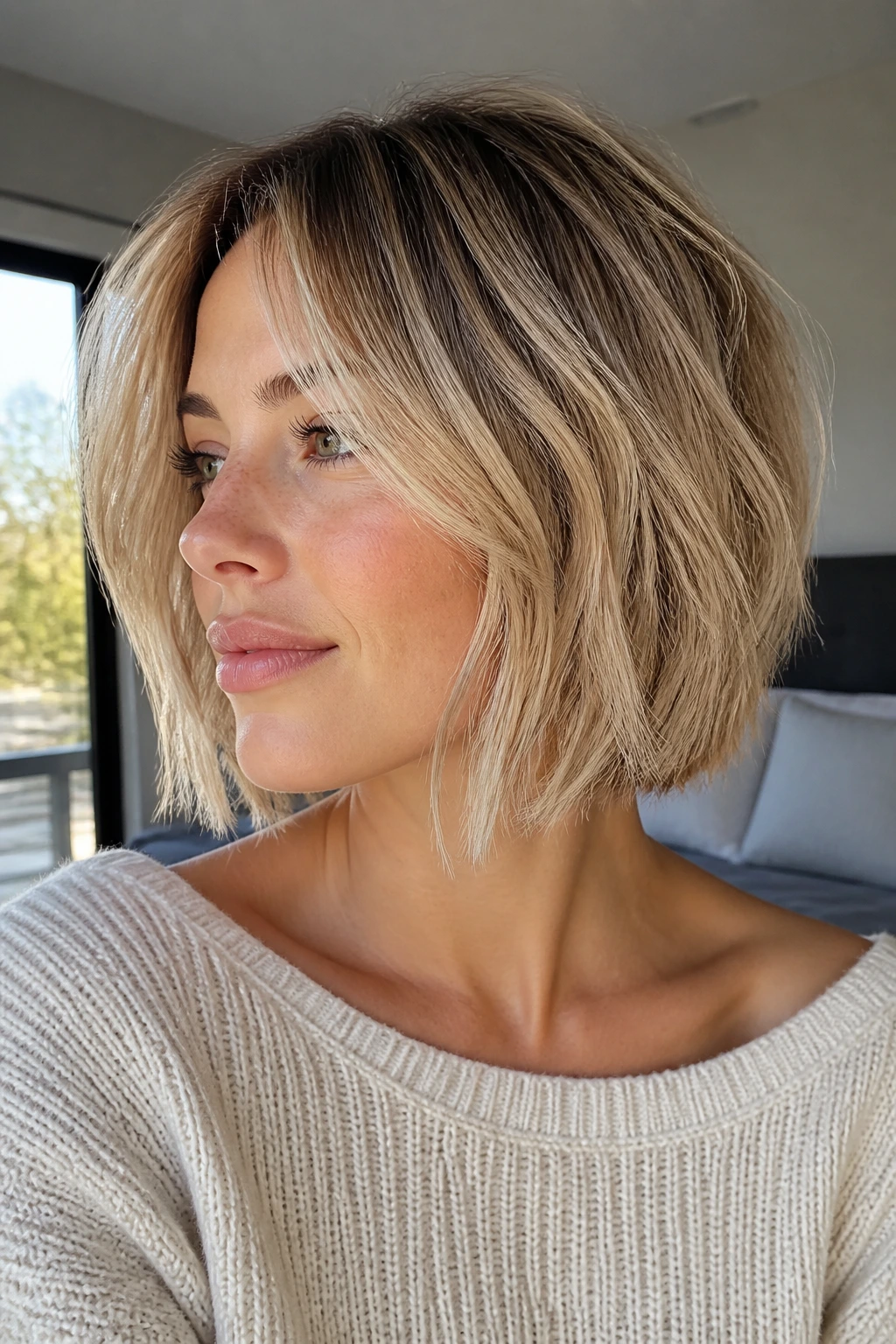Close-up of a real woman with chin-length bob and micro layers under window light