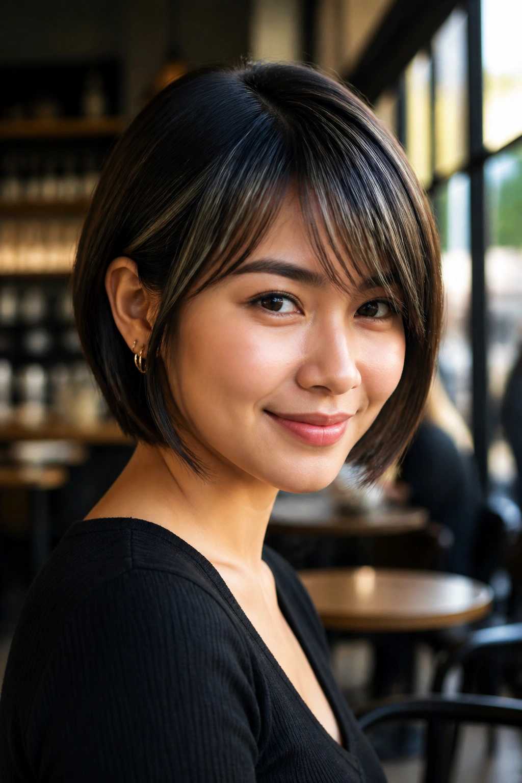 Close-up portrait of a real woman with a chin-length bob and diagonal peekaboo fringe in warm cafe light.