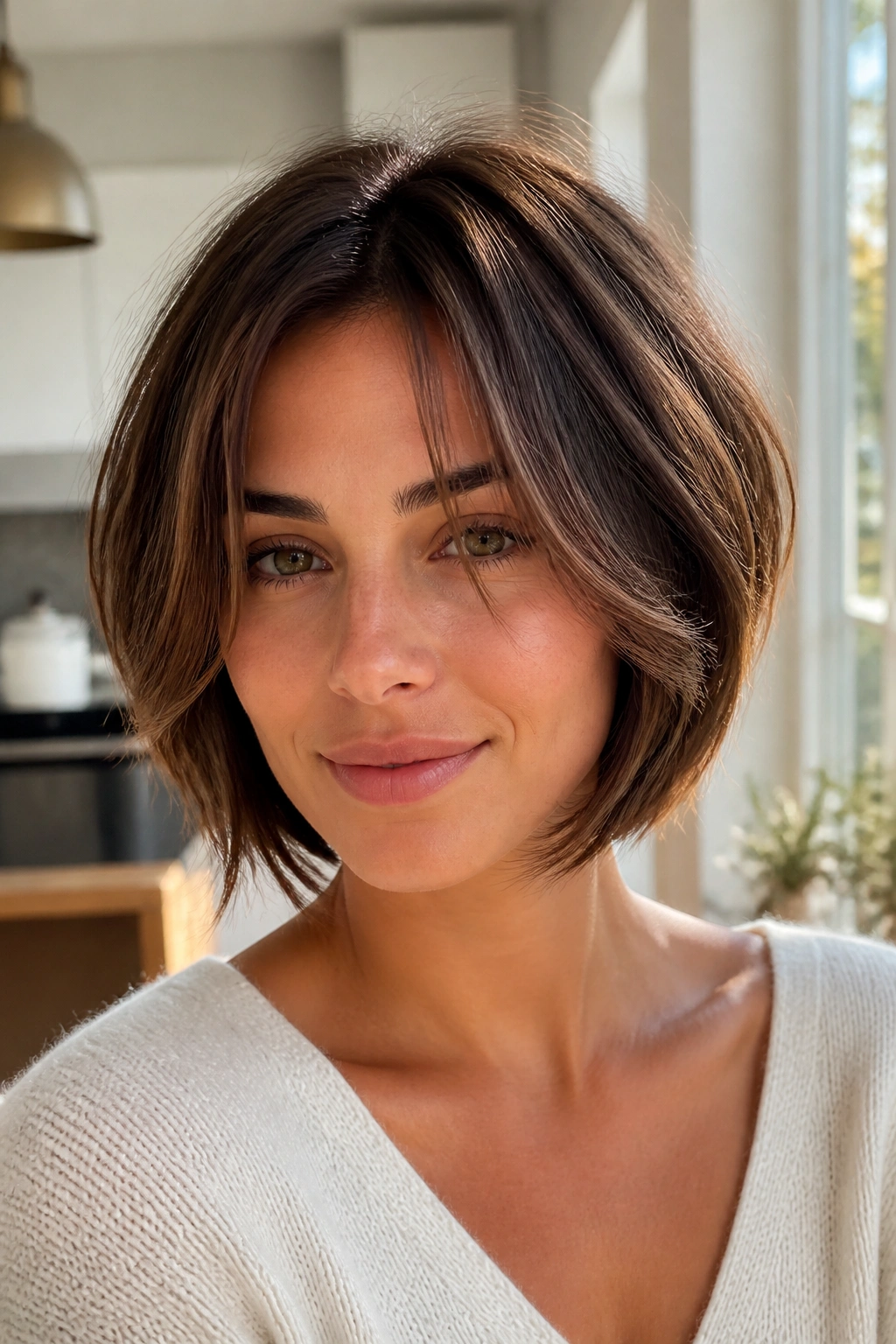 Chin-length layered bob with piecey front on a real woman, close-up portrait