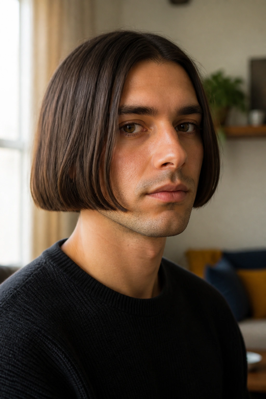 Close-up portrait of a man with a chin-length bob and blunt edges in natural window light