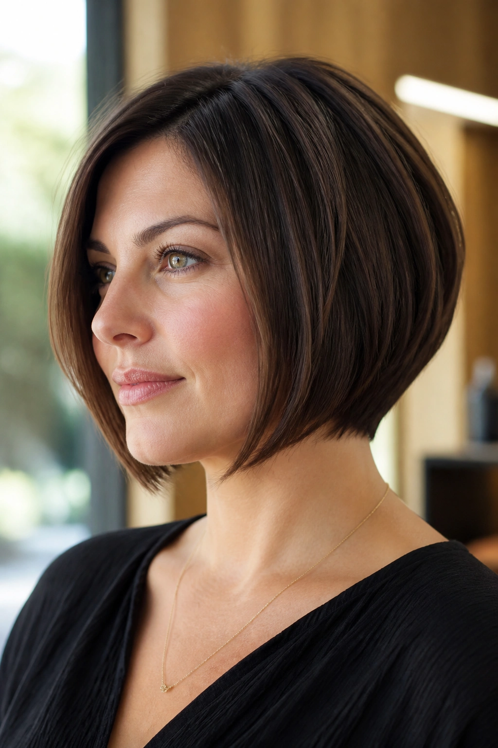 Close-up portrait of a real woman with a chin-length graduated bob framing the jawline.