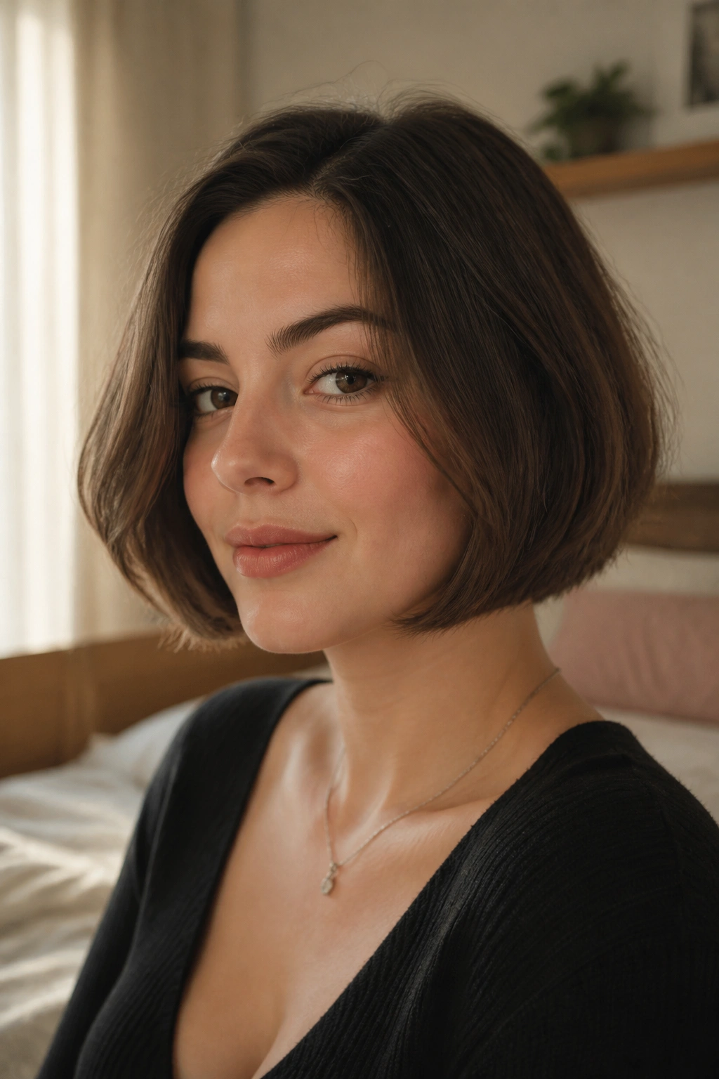 Close-up of a real woman with a chin-length French bob grazing the chin and a soft bend