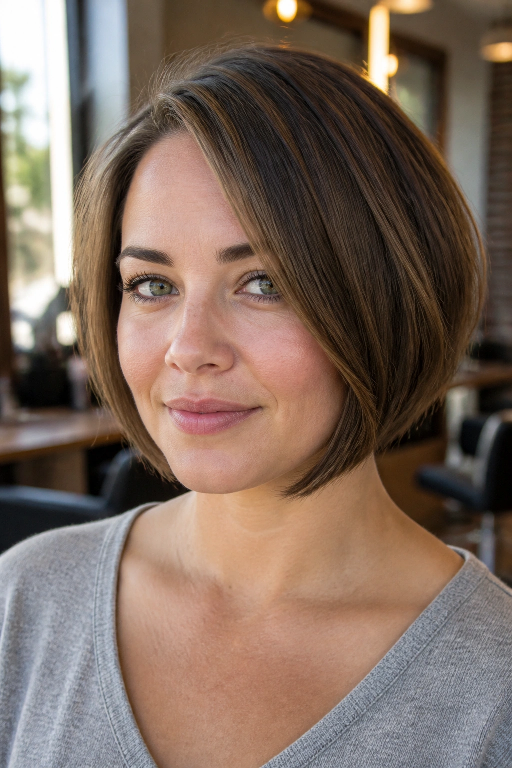 Close-up portrait of a woman with a chin-length layered bob and jaw-skimming front pieces.