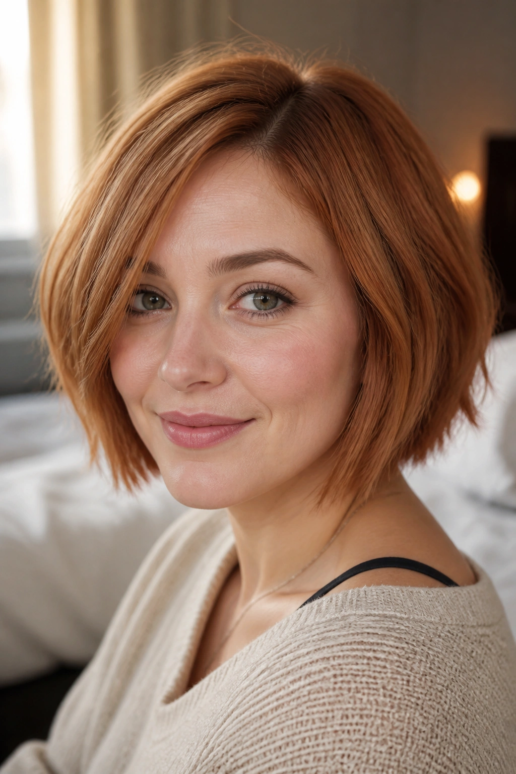Close-up of a real woman with a chin-length strawberry bob and soft side part in warm window light.