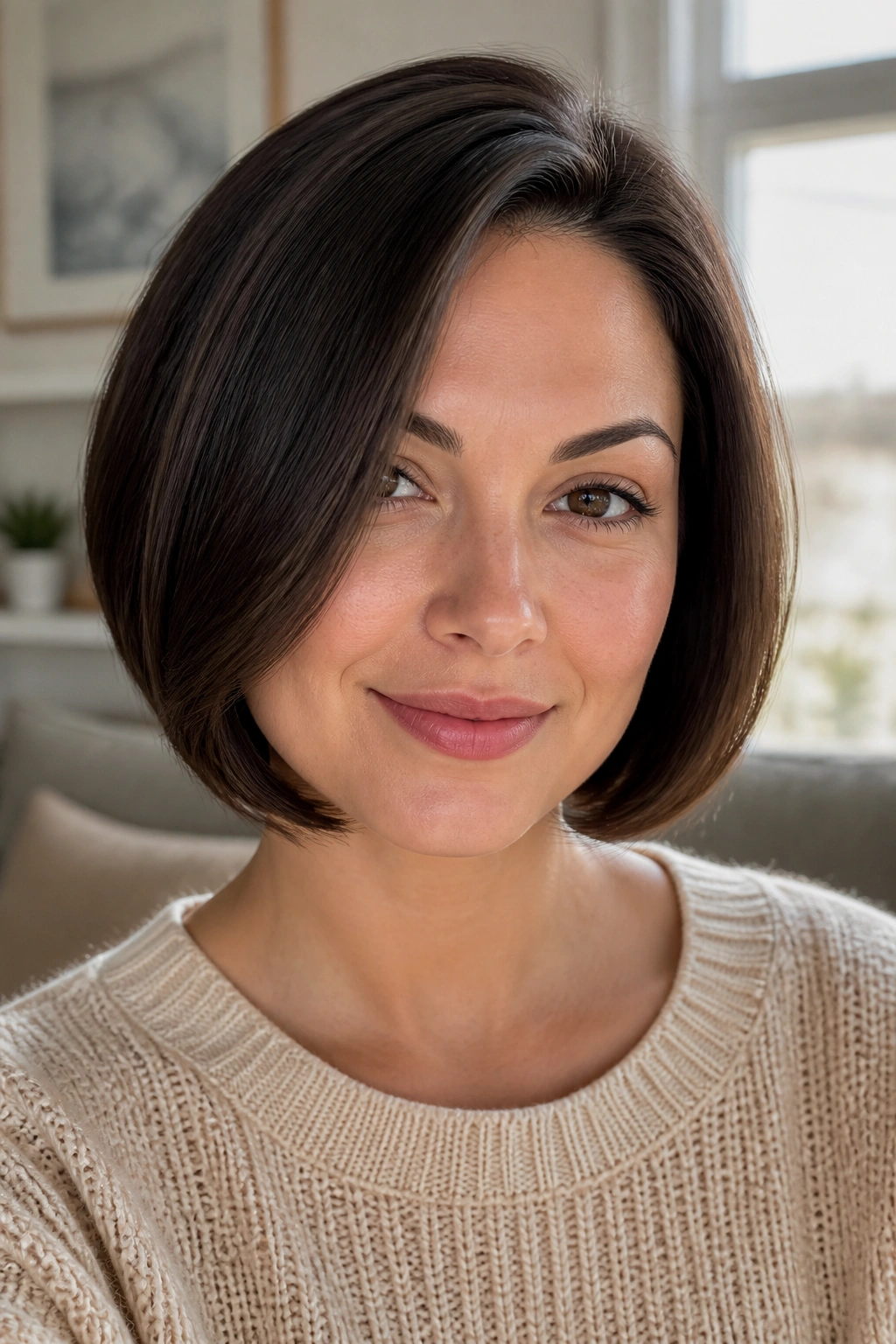 Close-up of a real woman with a chin-length bob and soft side part.