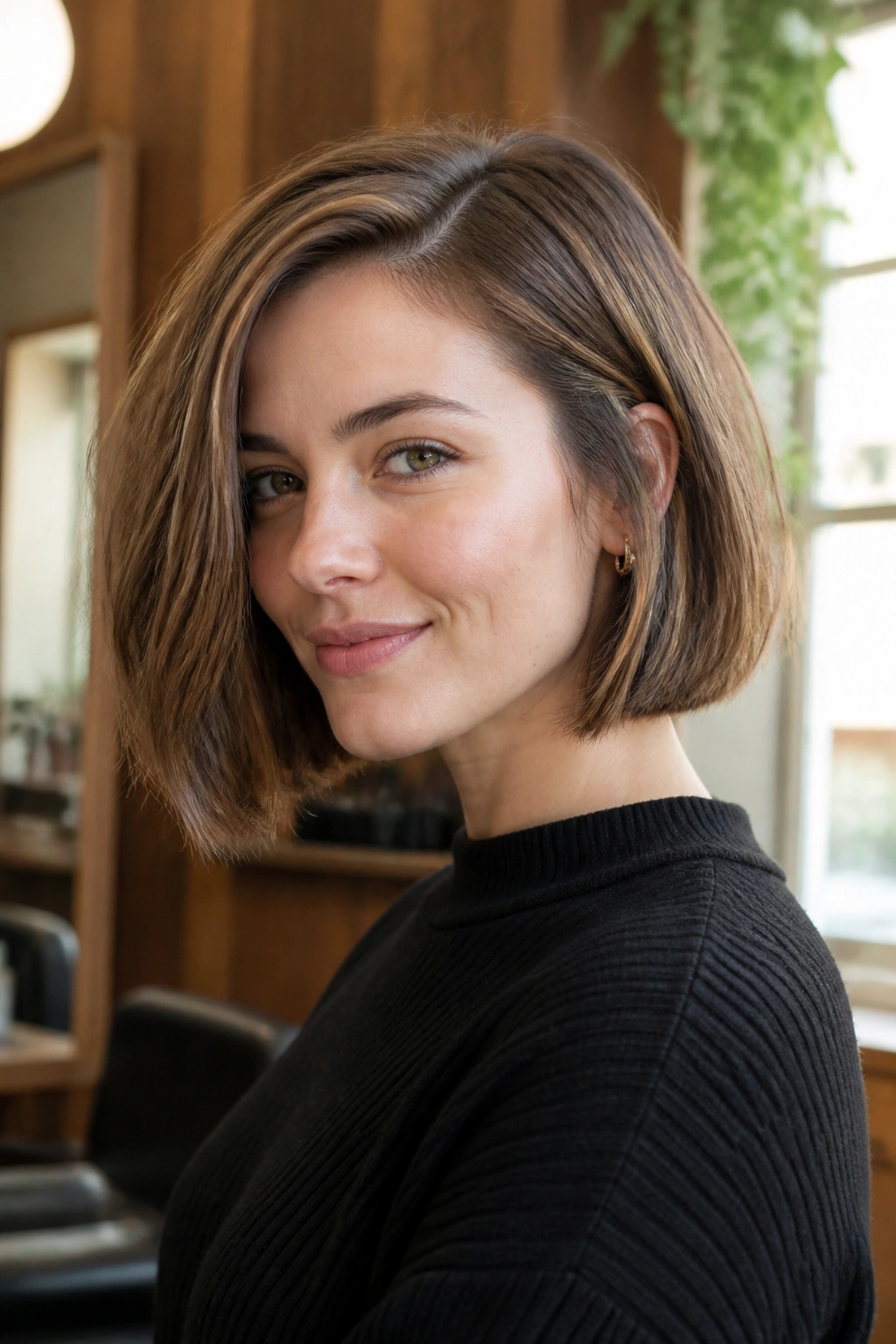 Close-up of a real woman with a chin-length French bob and side part