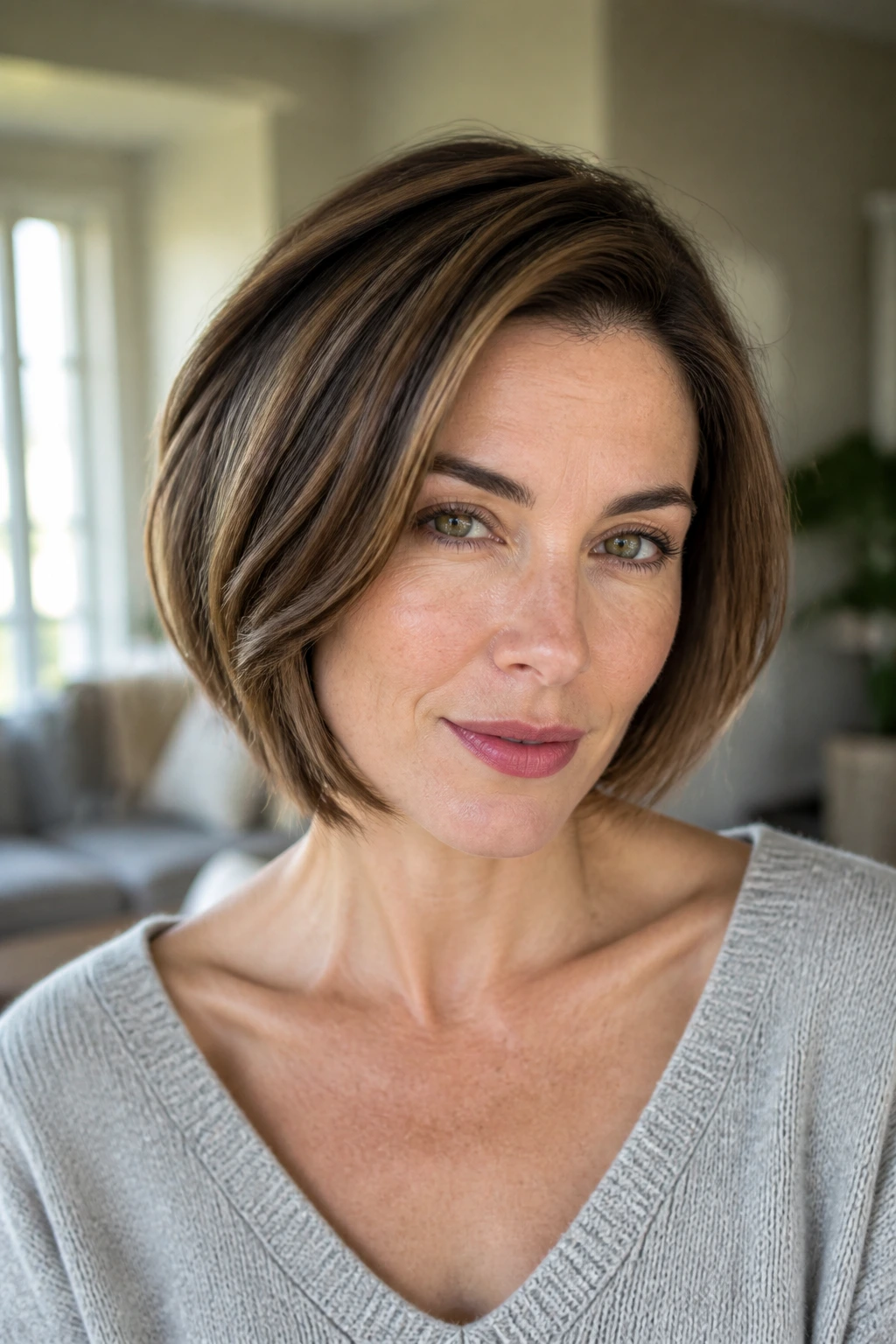 Portrait of a person with a chin-length layered bob and side part.