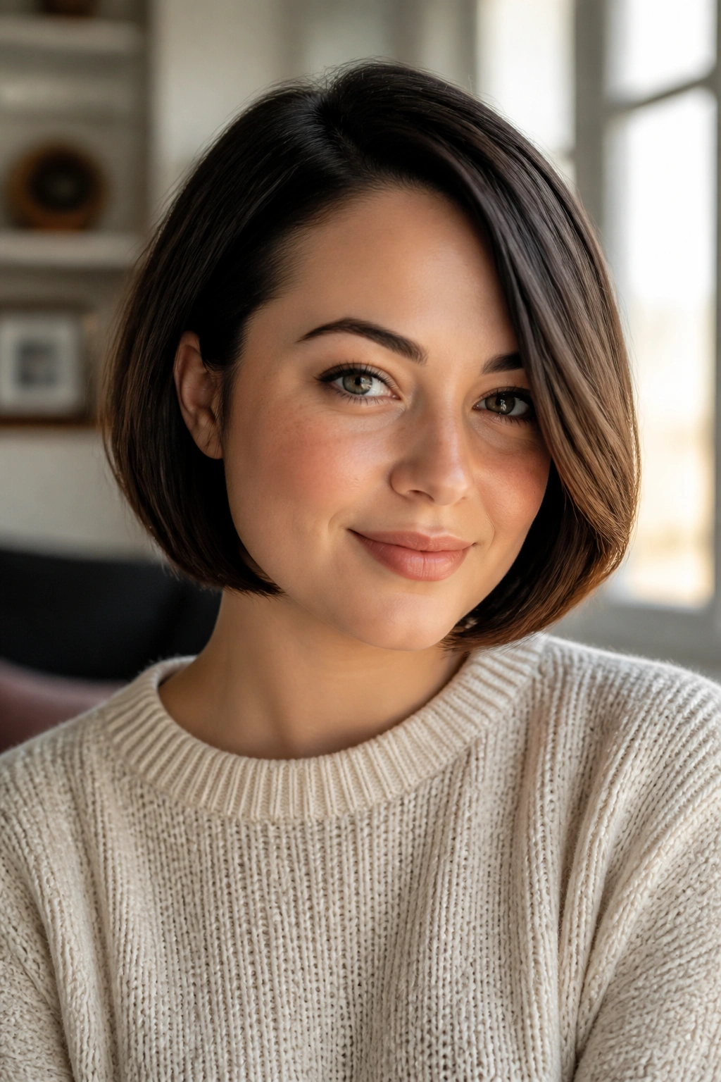 Close-up of a real woman with a chin-length side-parted bob emphasizing the jawline