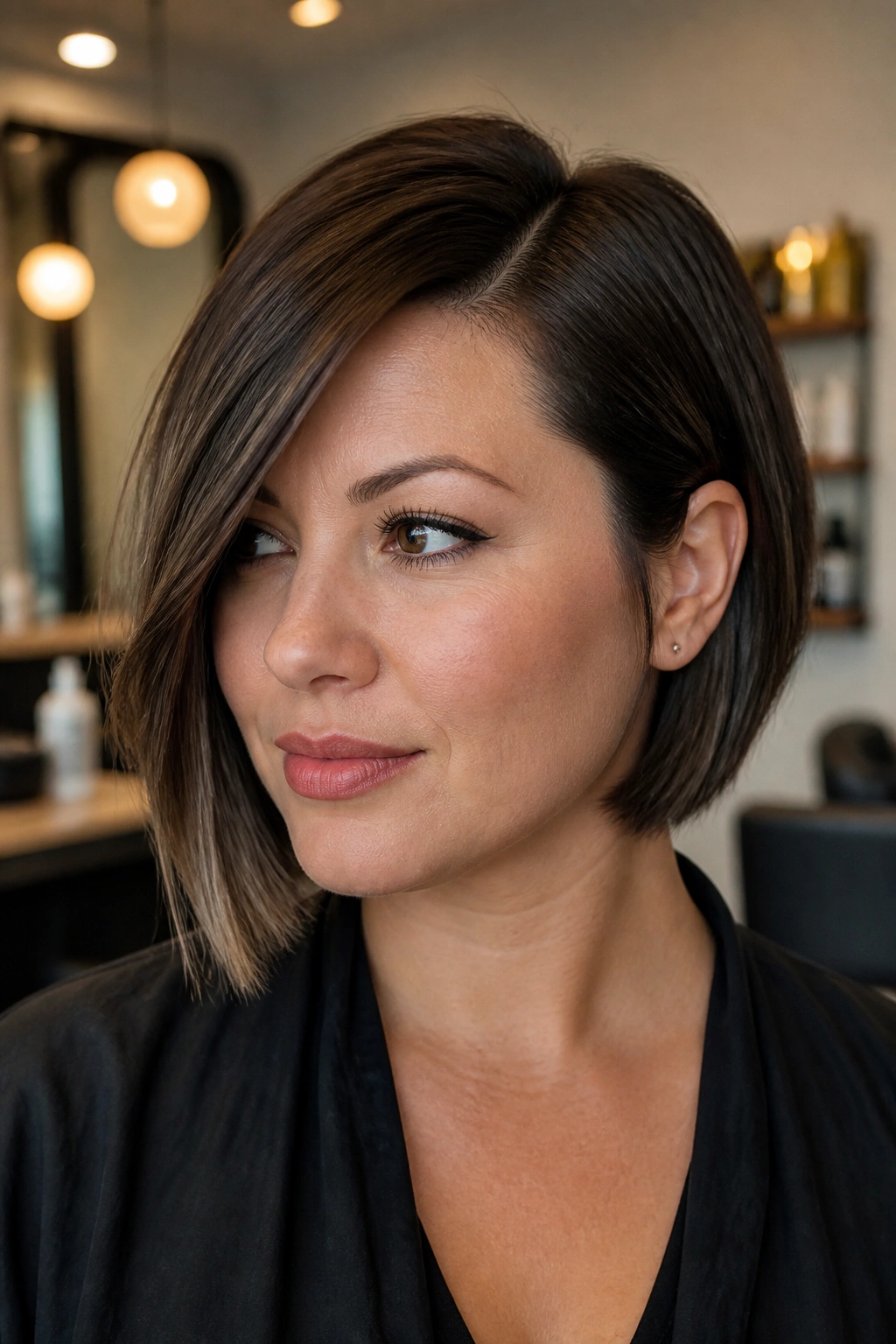 Portrait of a woman with a deep side-part chin-length bob