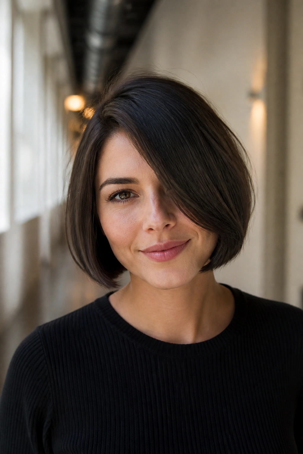 Real person with chin-length bob and deep side sweep in soft urban light