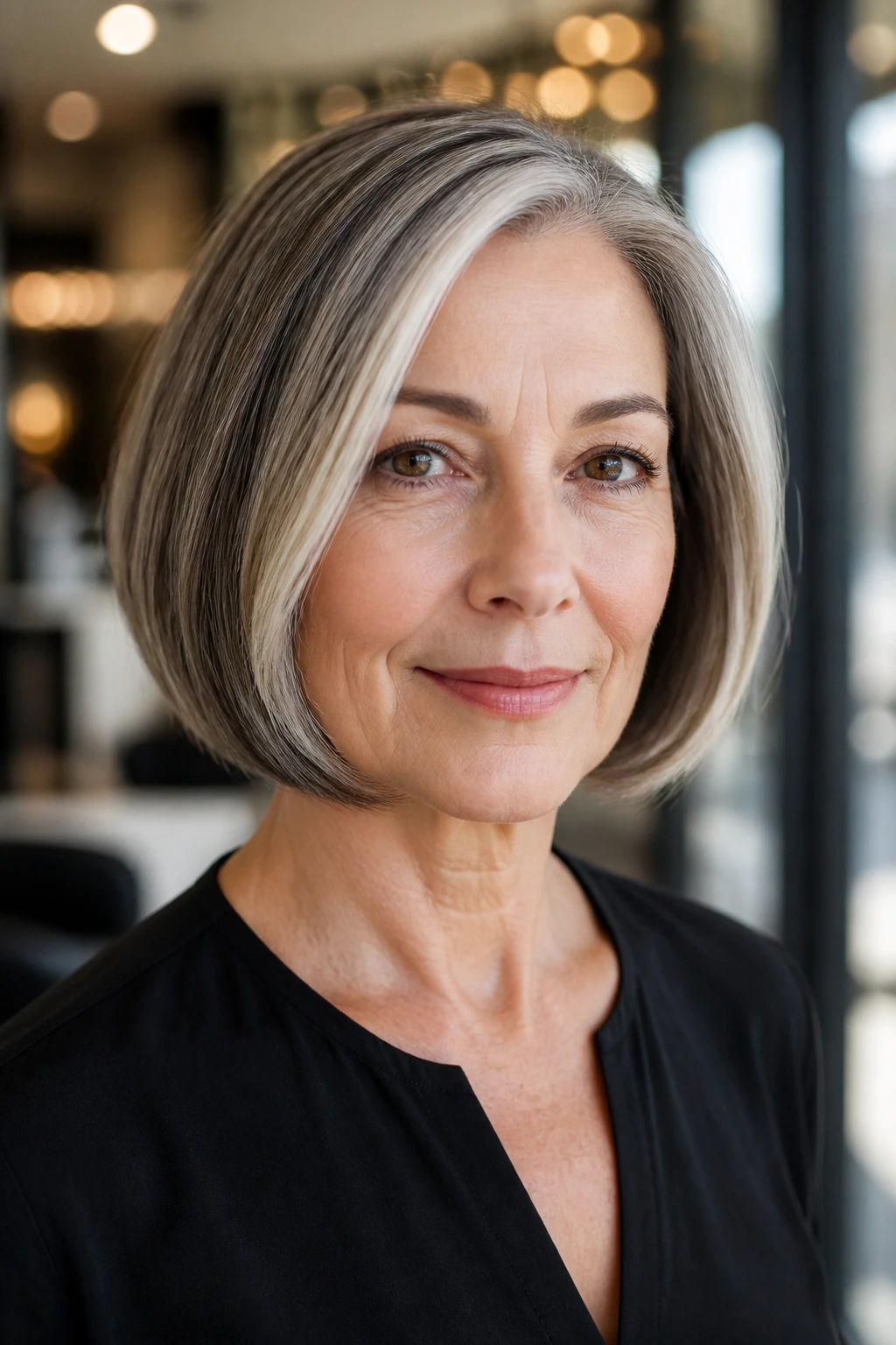 Older woman with chin-length bob and silver highlights framing the jaw