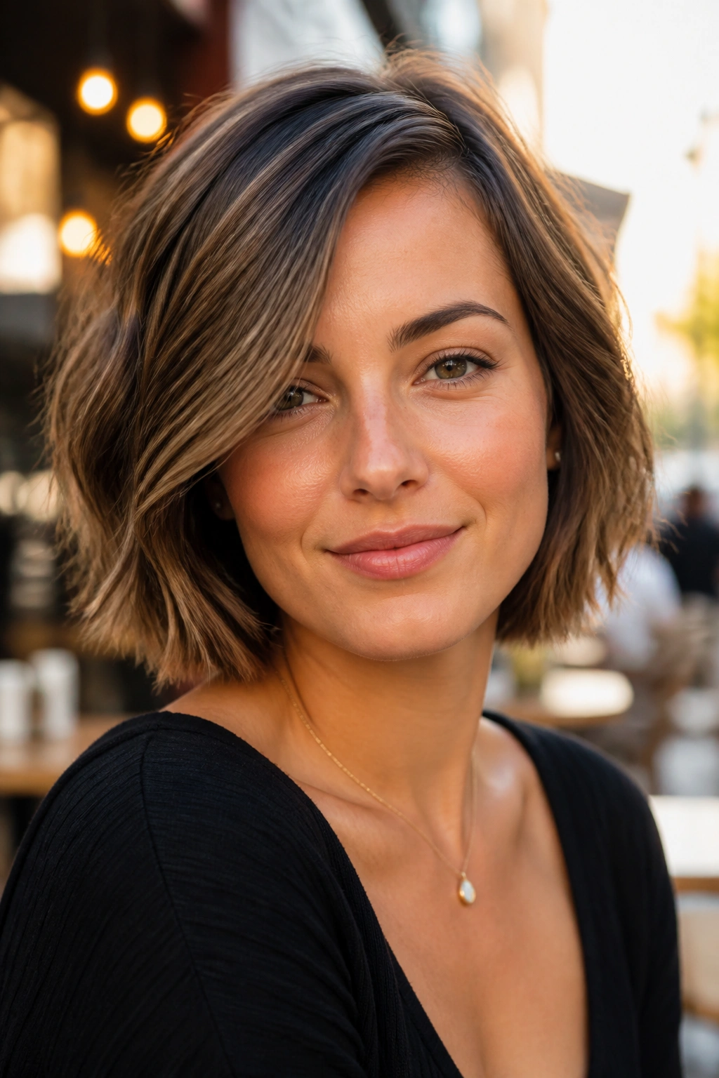 Real woman with chin-length bob and sliced ends in a street-side cafe setting.