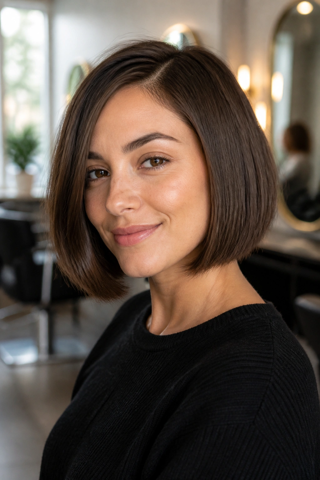 Portrait of a woman with a chin-length blunt bob and soft ends