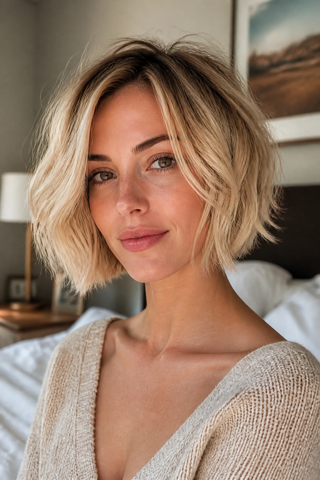 Close-up portrait of a real woman with chin-length messy bob and soft ends in warm light