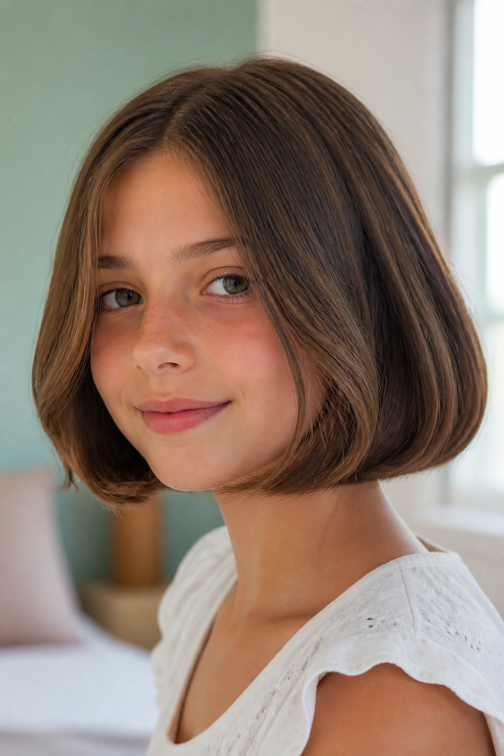 Close-up of a girl with a chin-length bob with soft-ended tips in bright indoor light.